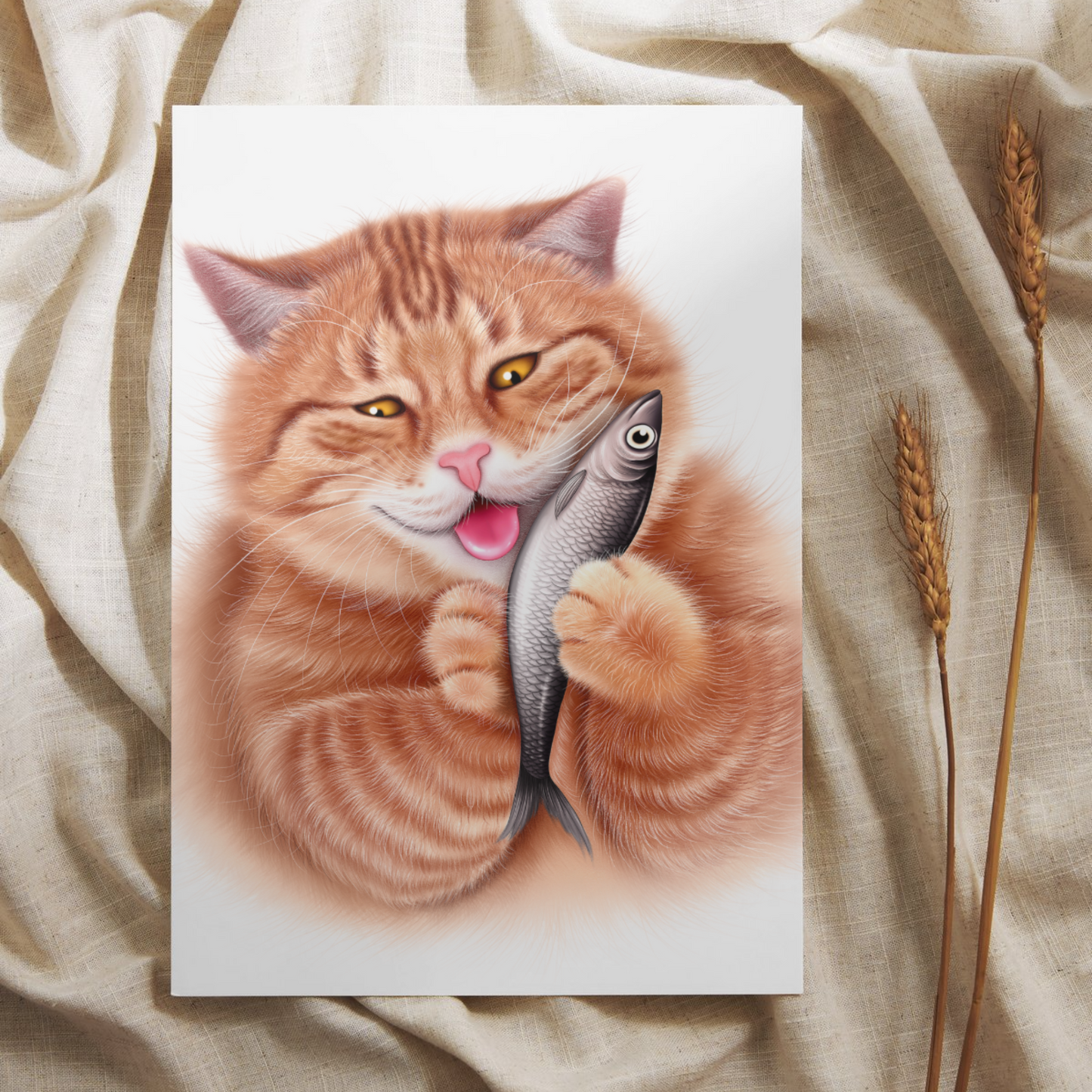 Katt slickar fisk vykort