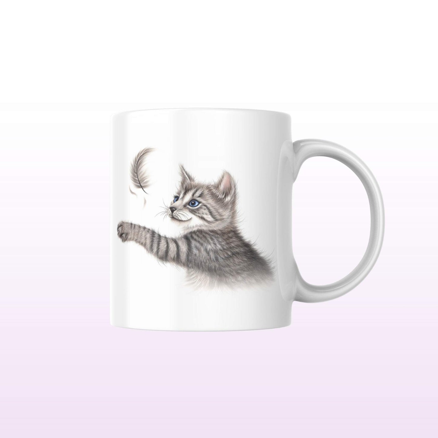 Grå katt och fjäder - Mugg (Kattraser, Kattmugg, Kattmugg, Kattunge, Kitty)