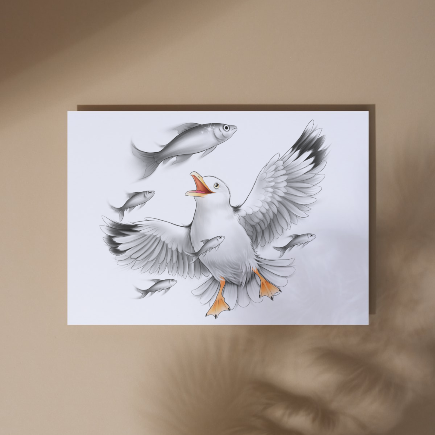 Lokki ja kalat -Taideprintti (Lintu) - ArtByAnnaK