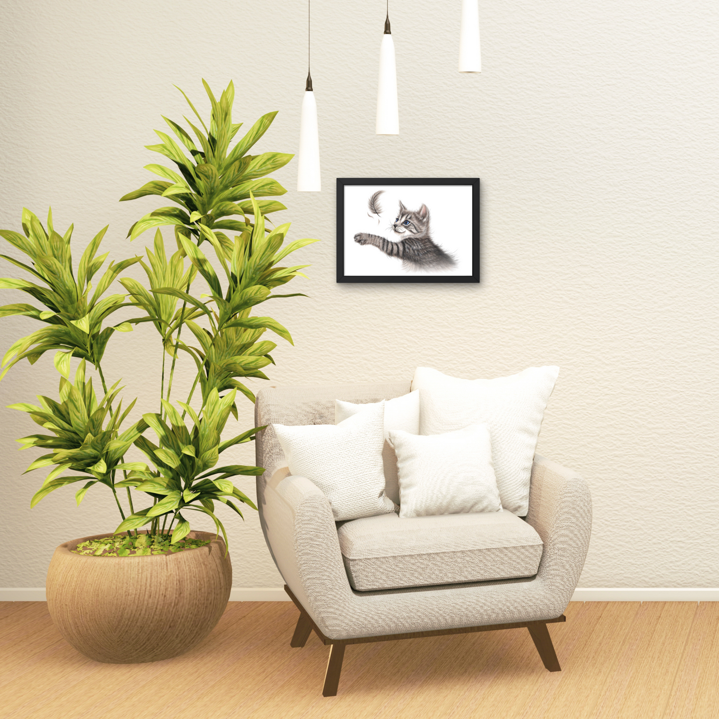 Gray Cat and Feather -Decorative Painting