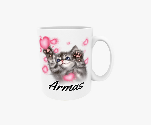 Söt/Grå Kattunge och Hjärtan - Textmugg