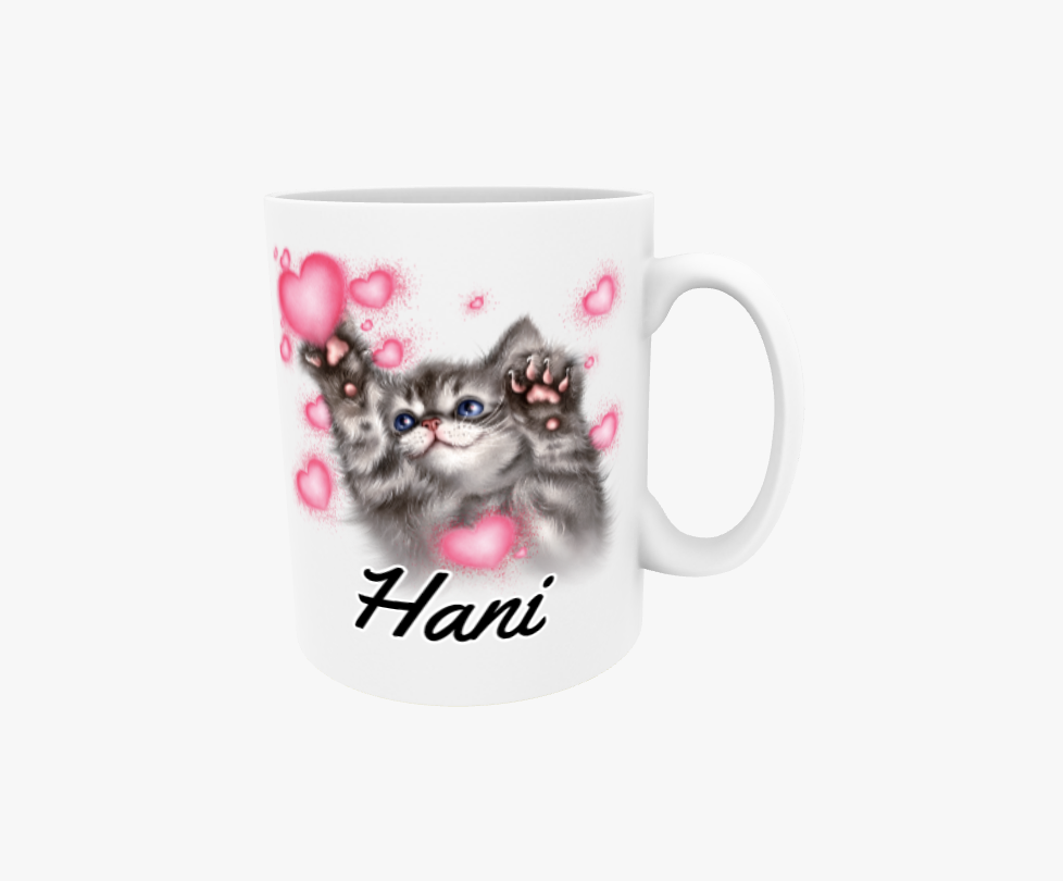 Hani / Grå kattunge och hjärtan - Textmugg