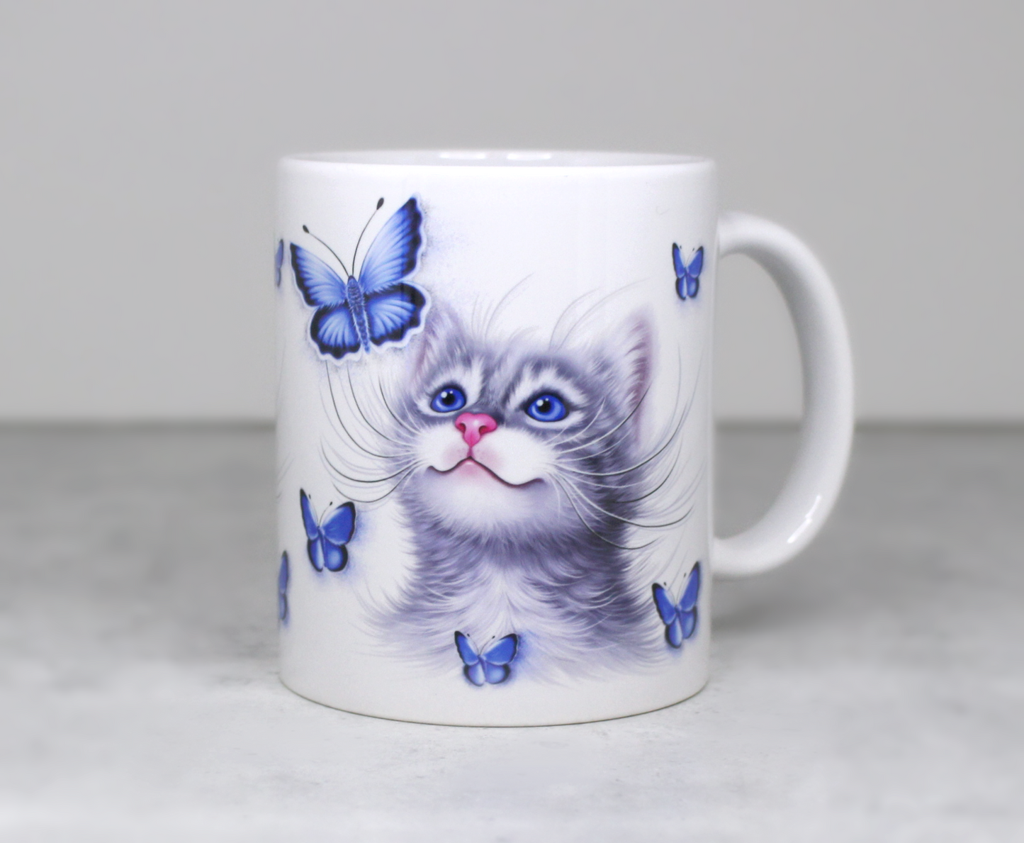 Cat Gray and Blue Butterflies Mug (Cat Breeds, Cat Mug, Cat Mug, Kitten, Friend)