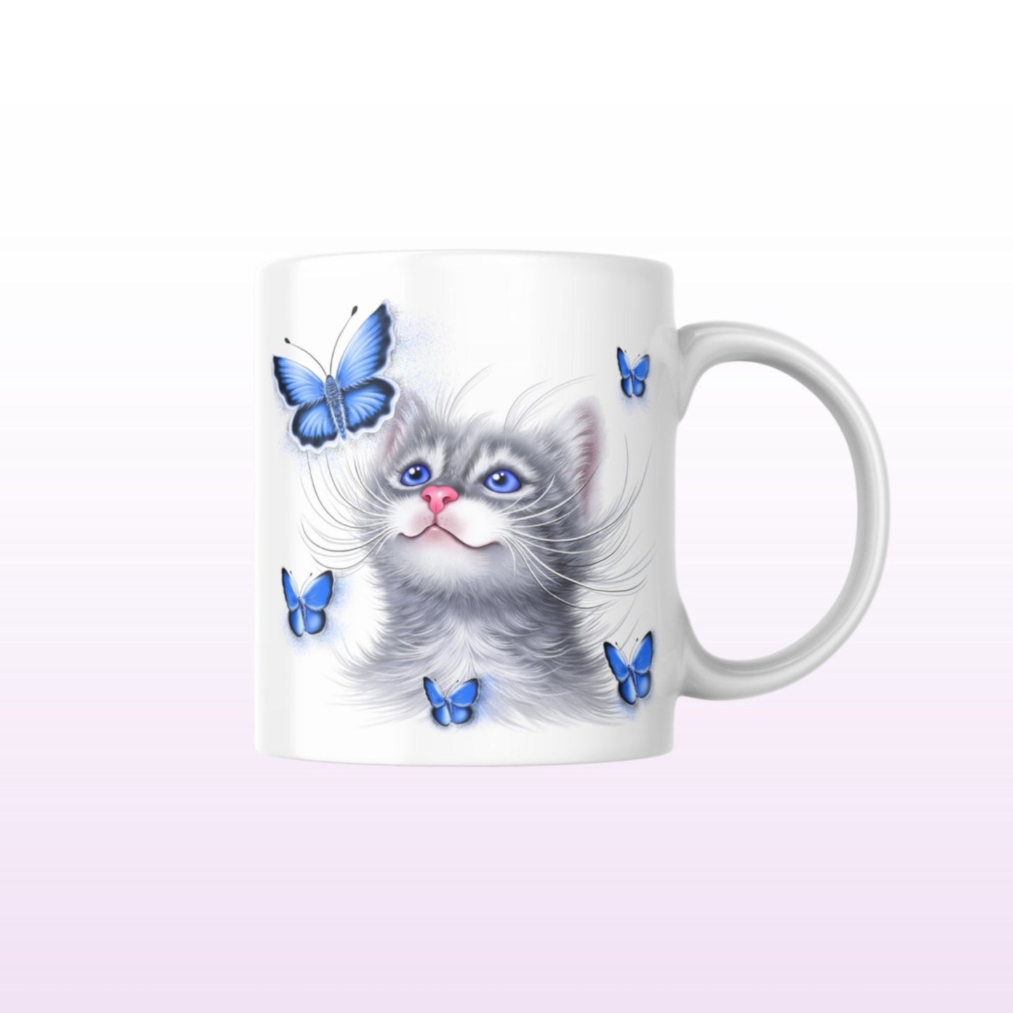 Cat Gray and Blue Butterflies Mug (Cat Breeds, Cat Mug, Cat Mug, Kitten, Friend)