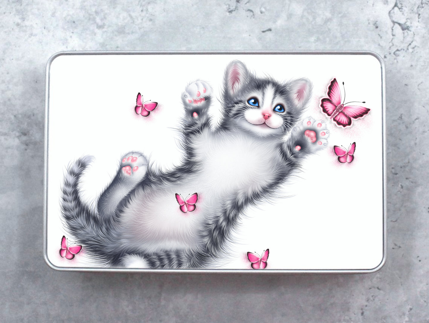 Kitten and Pink Butterflies Tin Box (Cat Breeds, Kitty)