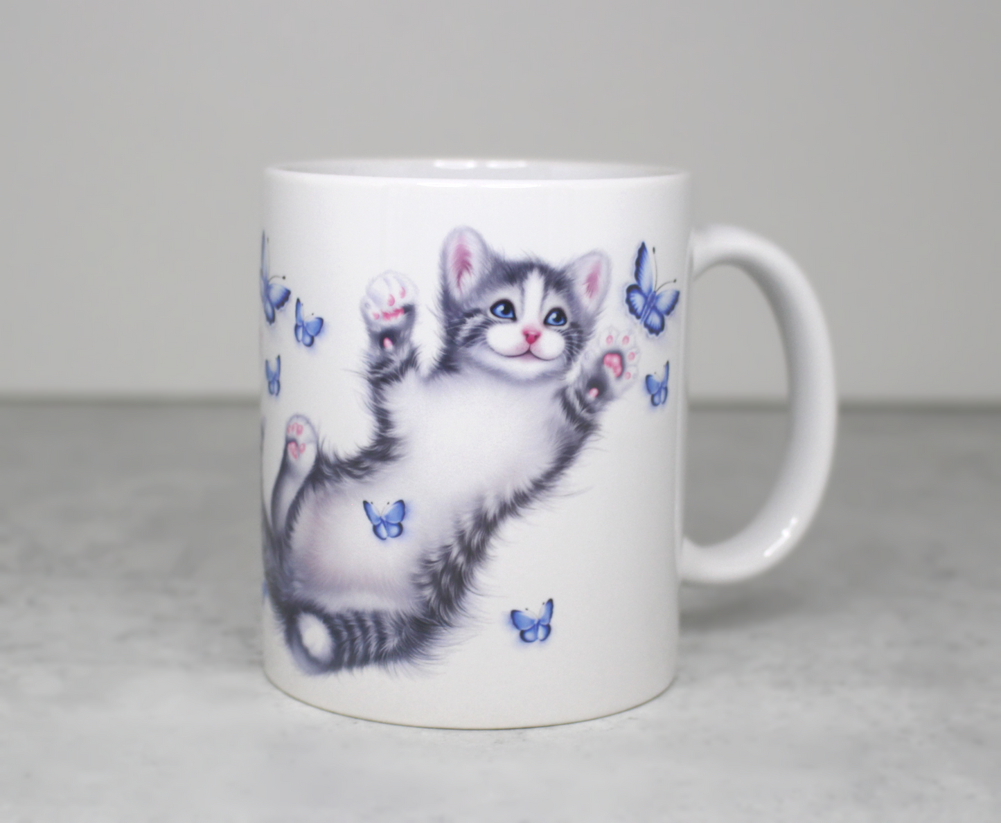Kitten and Blue Butterflies Mug (Cat Breeds, Cat Mug, Kitty)