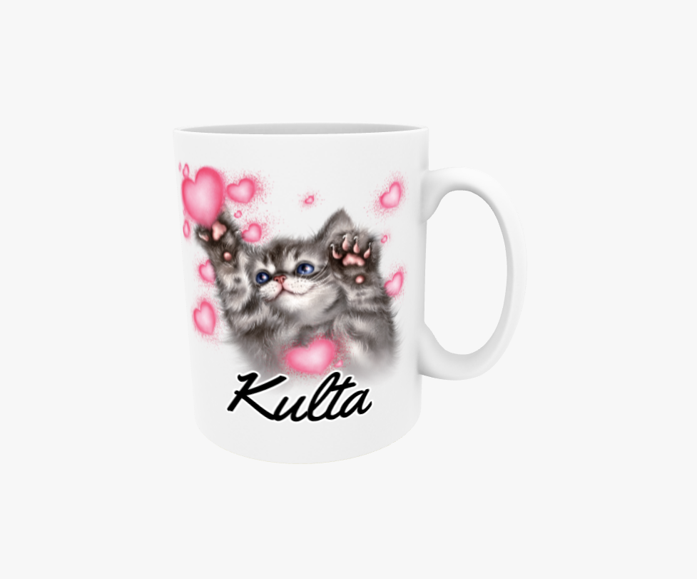 Guld/Grå Mugg med Kattunge och Hjärtan
