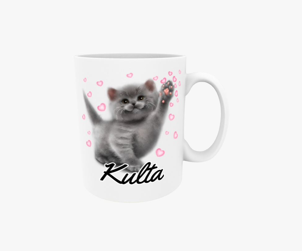 Guldfärgad/Scottish Fold Kattunge och Hjärtan - Textmugg