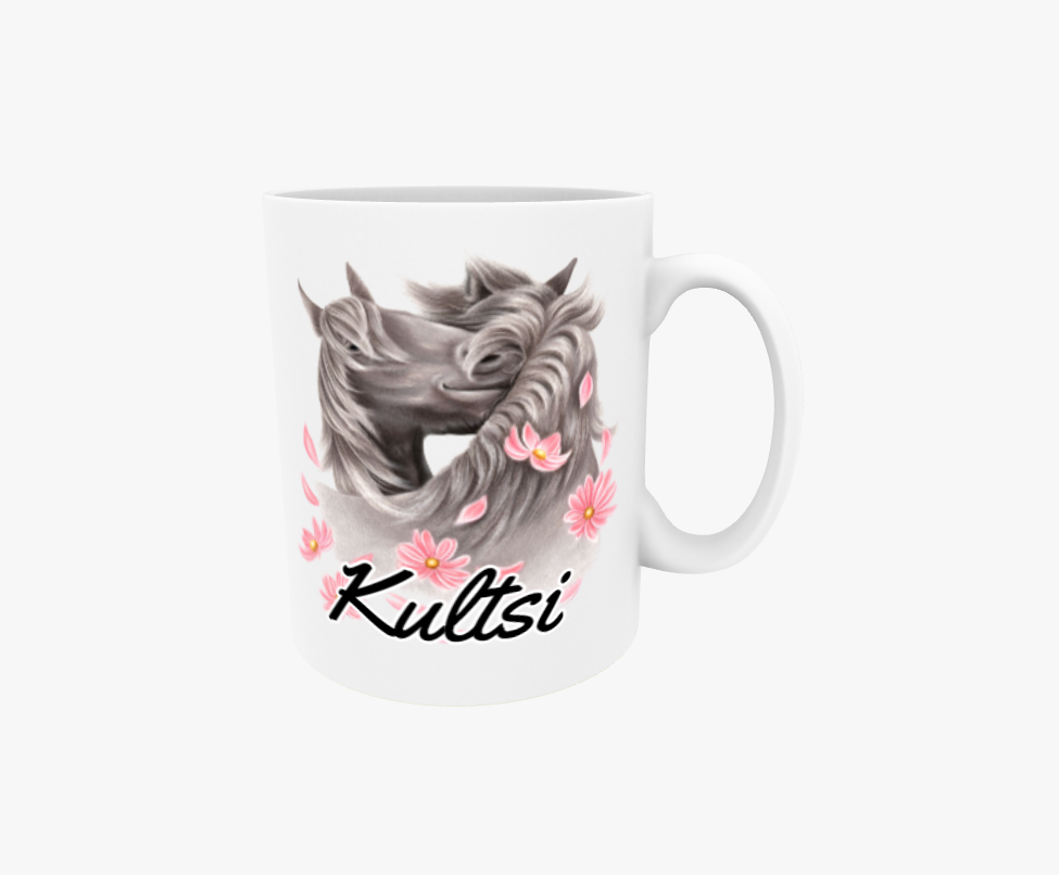 Kultsi / Hästar och blommor - Textmugg