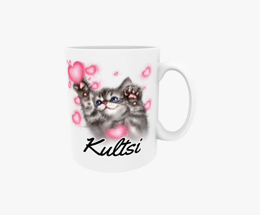 Kultsi / Grå kattunge och hjärtan - Textmugg