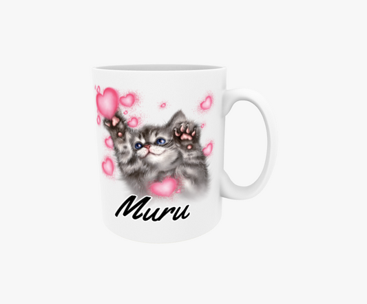Muru / Grå kattunge och hjärtan - Textmugg
