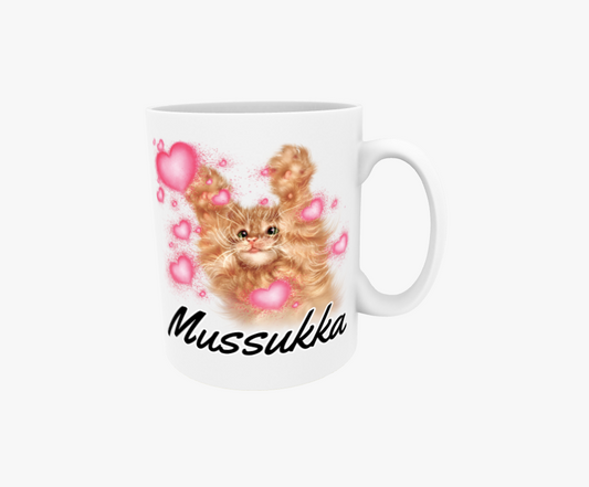 Mussukka / Röd kattunge och hjärtan - Textmugg