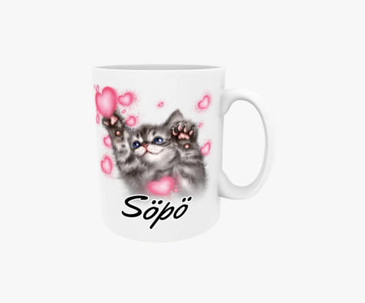 Söt/Grå Kattunge och Hjärtan - Textmugg
