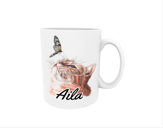 Aila / Red Cat and Butterfly - Name Mug