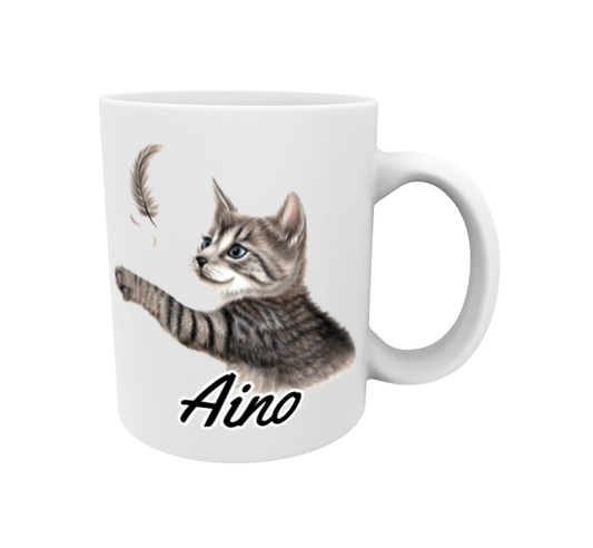 Aino / Gray Cat and Feather - Name Mug
