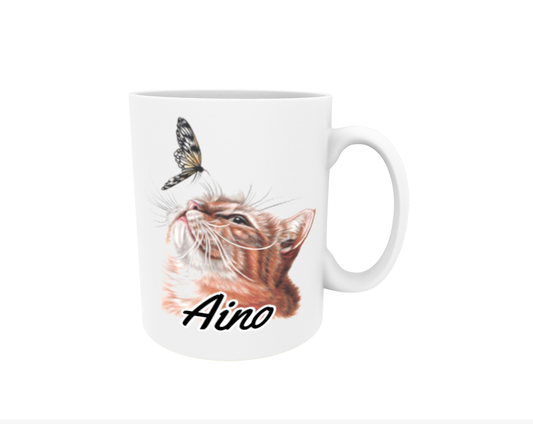 Aino / Red Cat and Butterfly - Name Mug