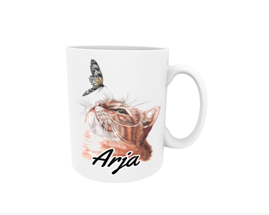 Arja / Red Cat and Butterfly - Name Mug