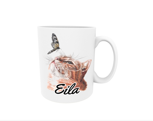 Eila / Red Cat and Butterfly - Name Mug
