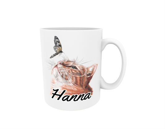 Hanna / Red Cat and Butterfly - Name Mug