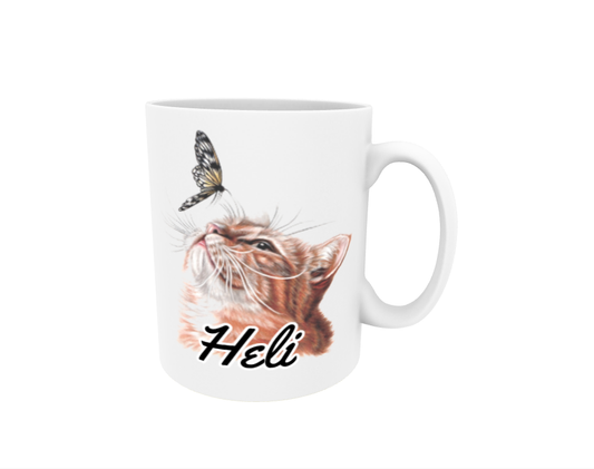 Heli / Red Cat and Butterfly - Name Mug