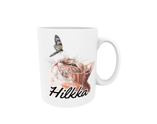 Hilkka / Red Cat and Butterfly - Name Mug