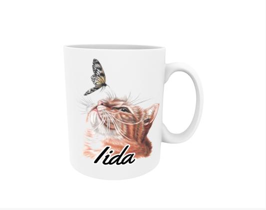 Iida / Red Cat and Butterfly - Name Mug