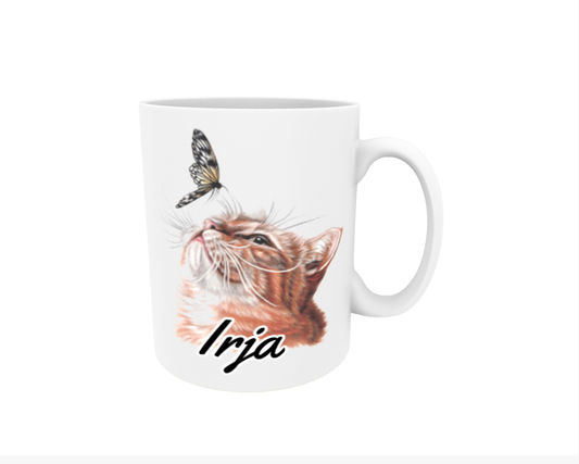 Irja / Red Cat and Butterfly - Name Mug