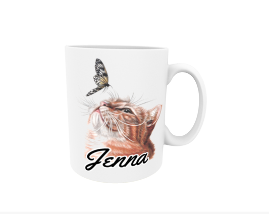 Jenna / Red Cat and Butterfly - Name Mug