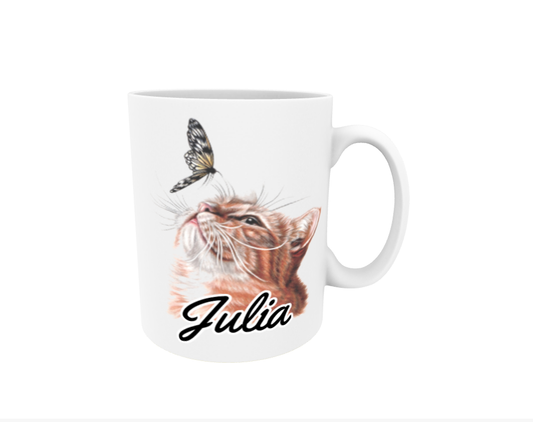 Julia / Red Cat and Butterfly - Name Mug