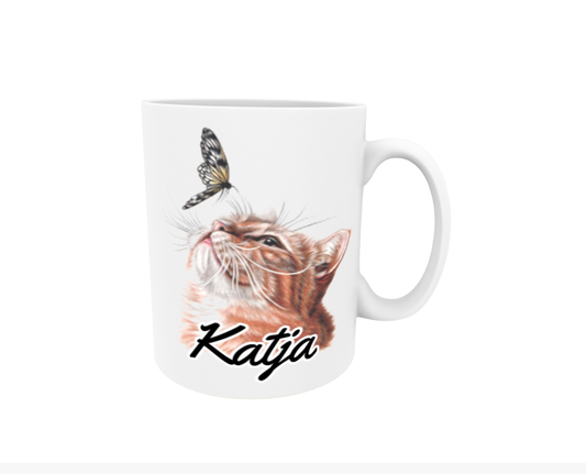 Katja / Red Cat and Butterfly - Name Mug