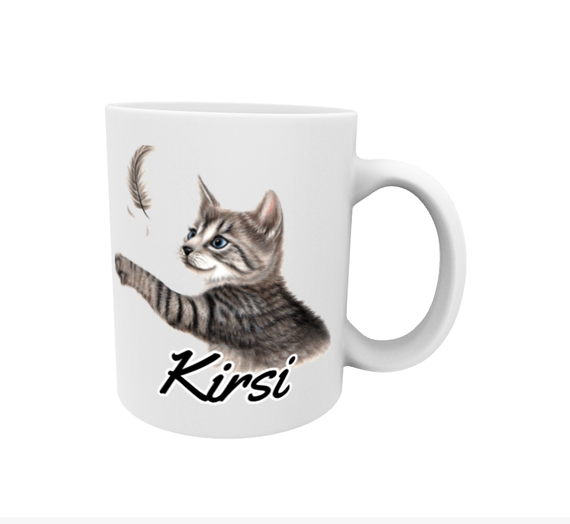 Körsbärs-/grå katt- och fjädermugg