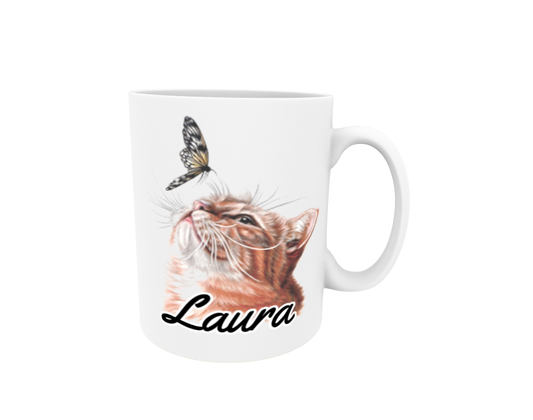 Laura / Red Cat and Butterfly - Name Mug