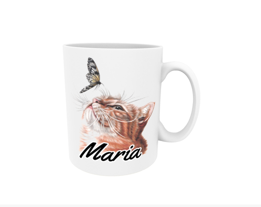 Maria / Red Cat and Butterfly - Name Mug
