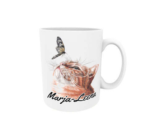 Marja-Leena / Red Cat and Butterfly - Name Mug (20mm text)