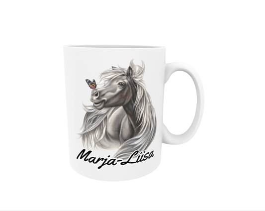Marja-Liisa / Black Horse and Butterfly -Name Mug (20mm text)