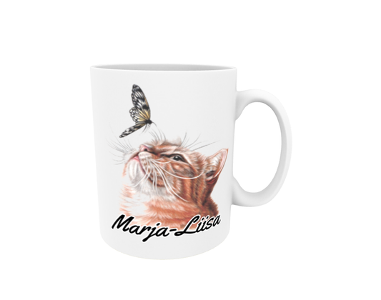 Marja-Liisa / Red Cat and Butterfly - Name Mug (20mm text)