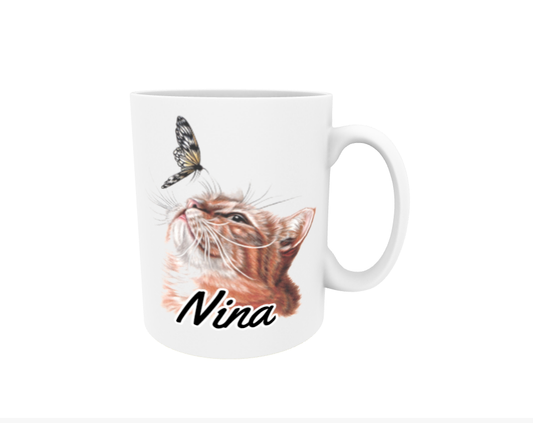 Nina / Red Cat and Butterfly - Name Mug