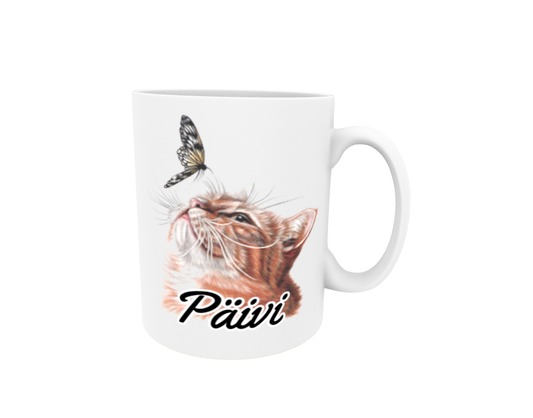 Päivi / Red Cat and Butterfly - Name Mug