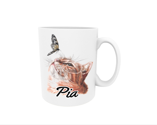 Pia / Red Cat and Butterfly - Name Mug