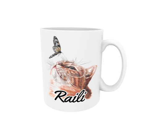 Raili / Red Cat and Butterfly - Name Mug