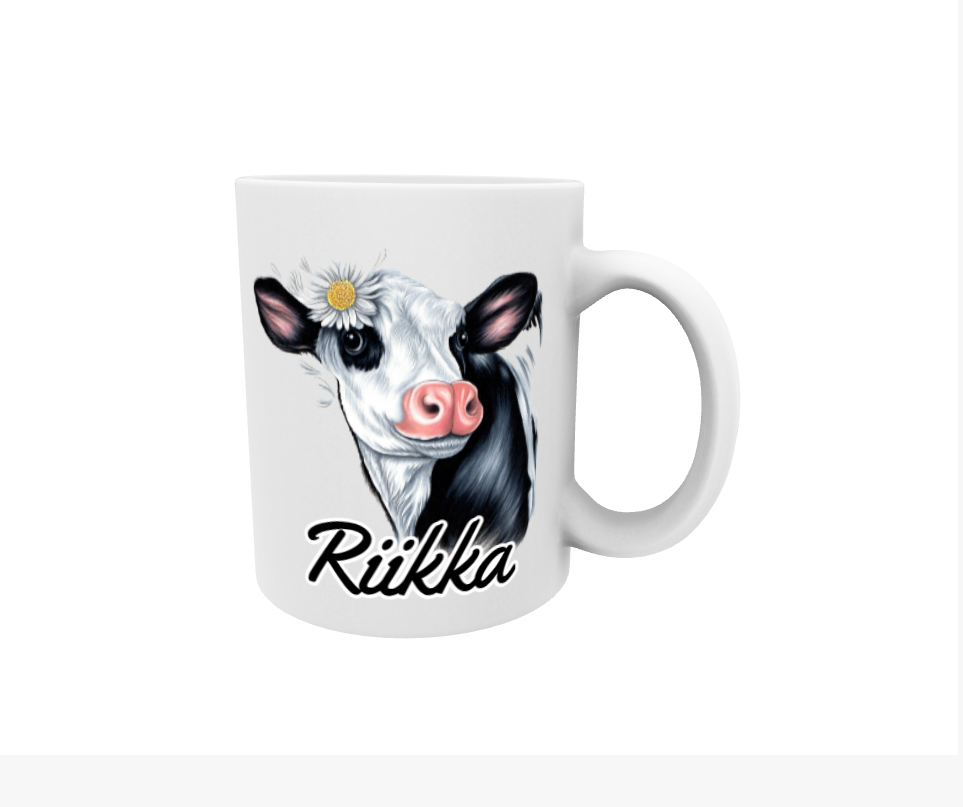 Riikka / Black and White Cow -Name Mug
