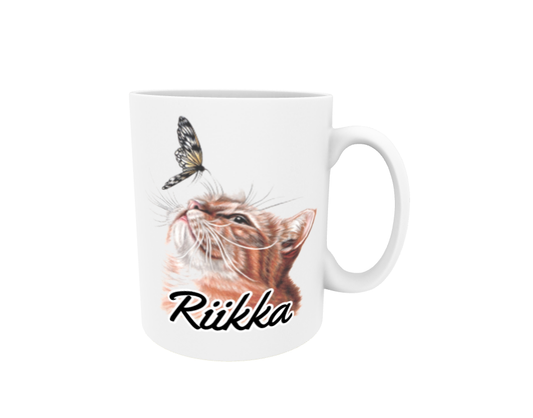 Riikka / Red Cat and Butterfly - Name Mug