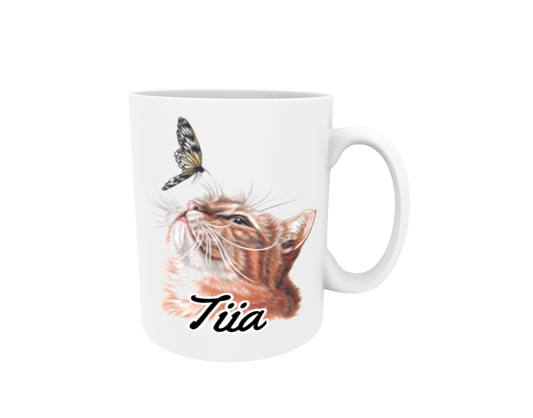 Tiia / Red Cat and Butterfly - Name Mug