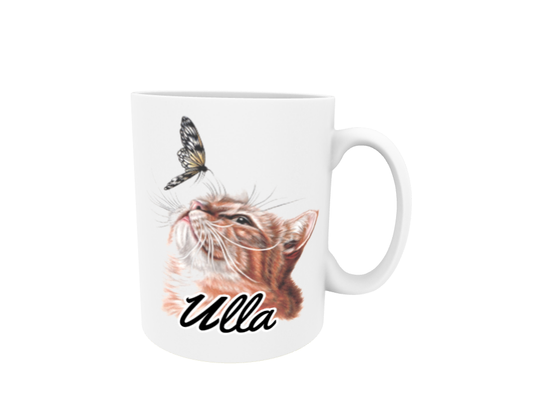 Ulla / Red Cat and Butterfly - Name Mug