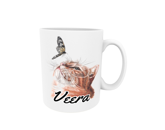 Veera / Red Cat and Butterfly - Name Mug