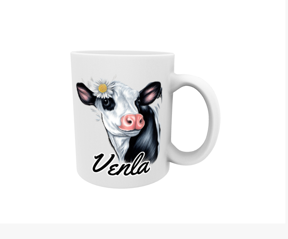 Venla / Black and White Cow -Name Mug