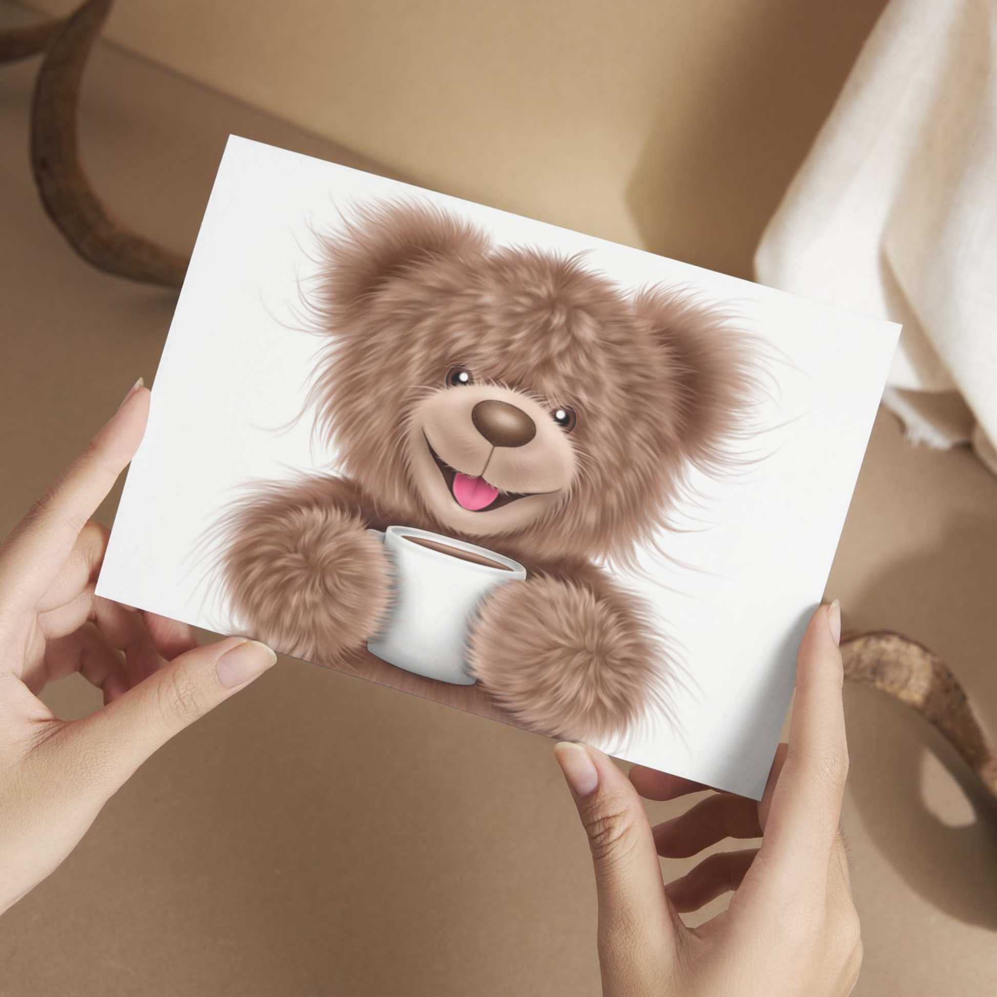 Nalle ja kahvikuppi -Postikortti - ArtByAnnaK