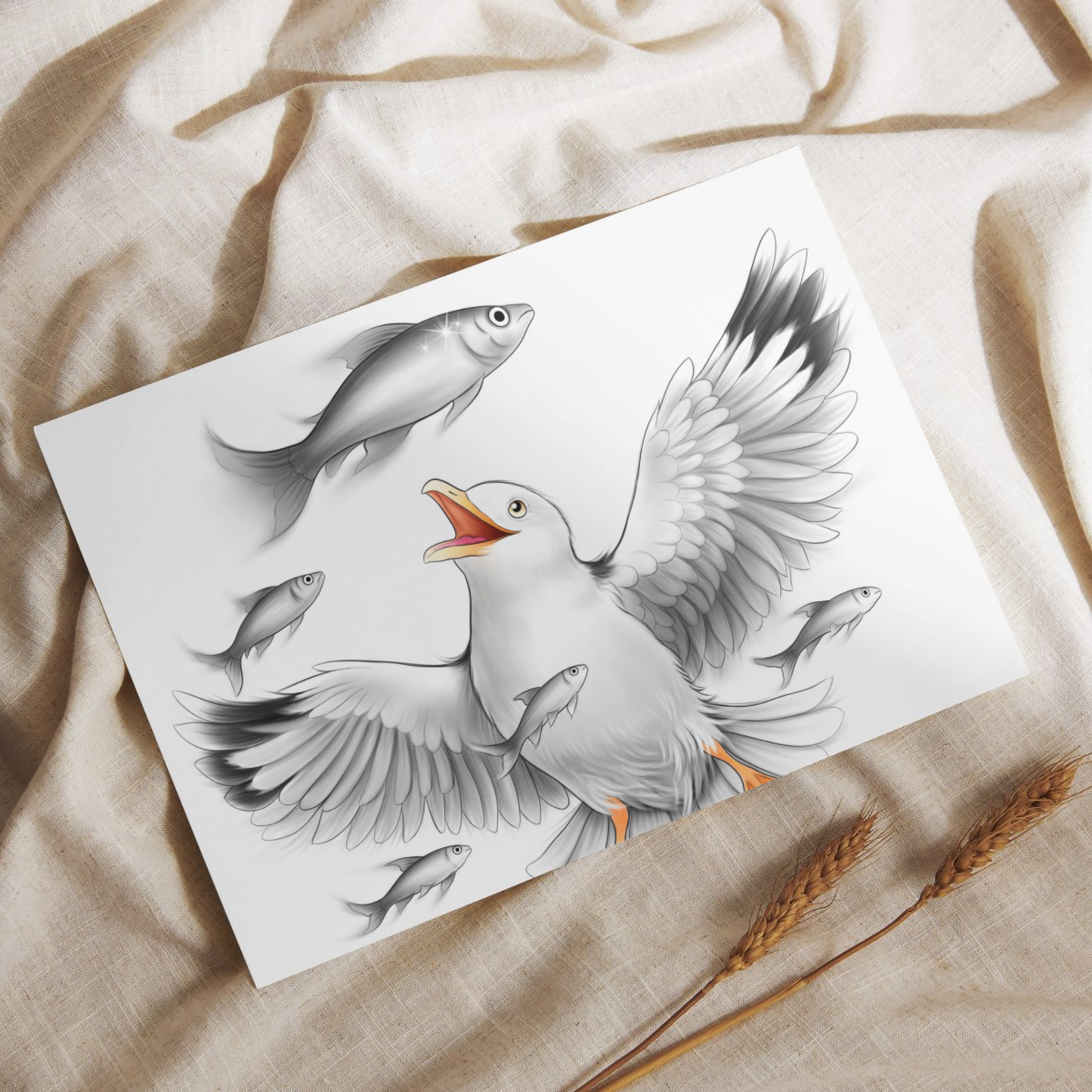 Lokki ja kalat -Postikortti (Lintu) - ArtByAnnaK