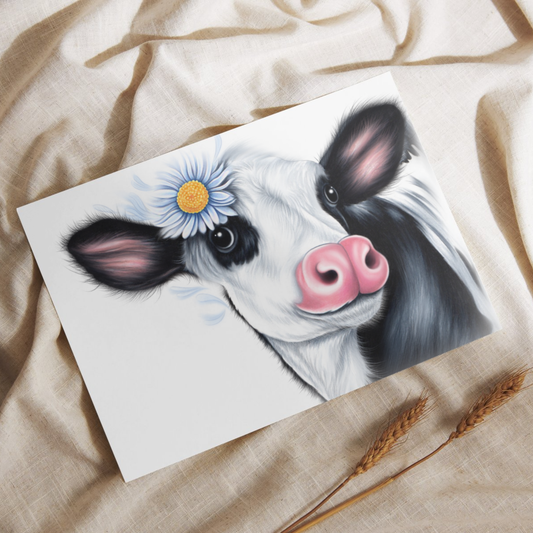 Lehmä Mustavalkoinen -Postikortti - ArtByAnnaK