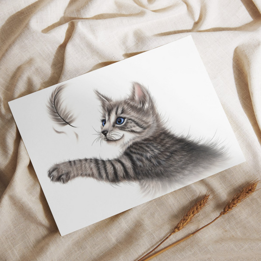 Harmaakissa ja sulka -Postikortti (Kissarodut, Kissanpentu) - ArtByAnnaK